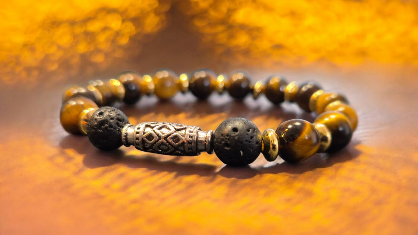 Bracciale del Guerriero - Bracciale diffusore in Pietra Lavica e Occhio di Tigre