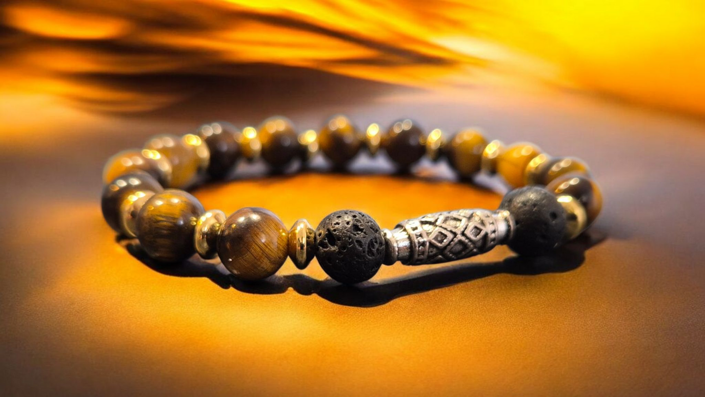 Bracciale del Guerriero - Bracciale diffusore in Pietra Lavica e Occhio di Tigre