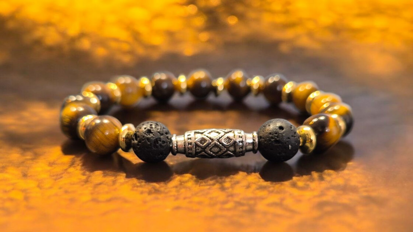 Bracciale del Guerriero - Bracciale diffusore in Pietra Lavica e Occhio di Tigre